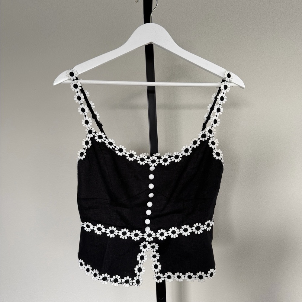 Reformation Black Embroidered Floral Top